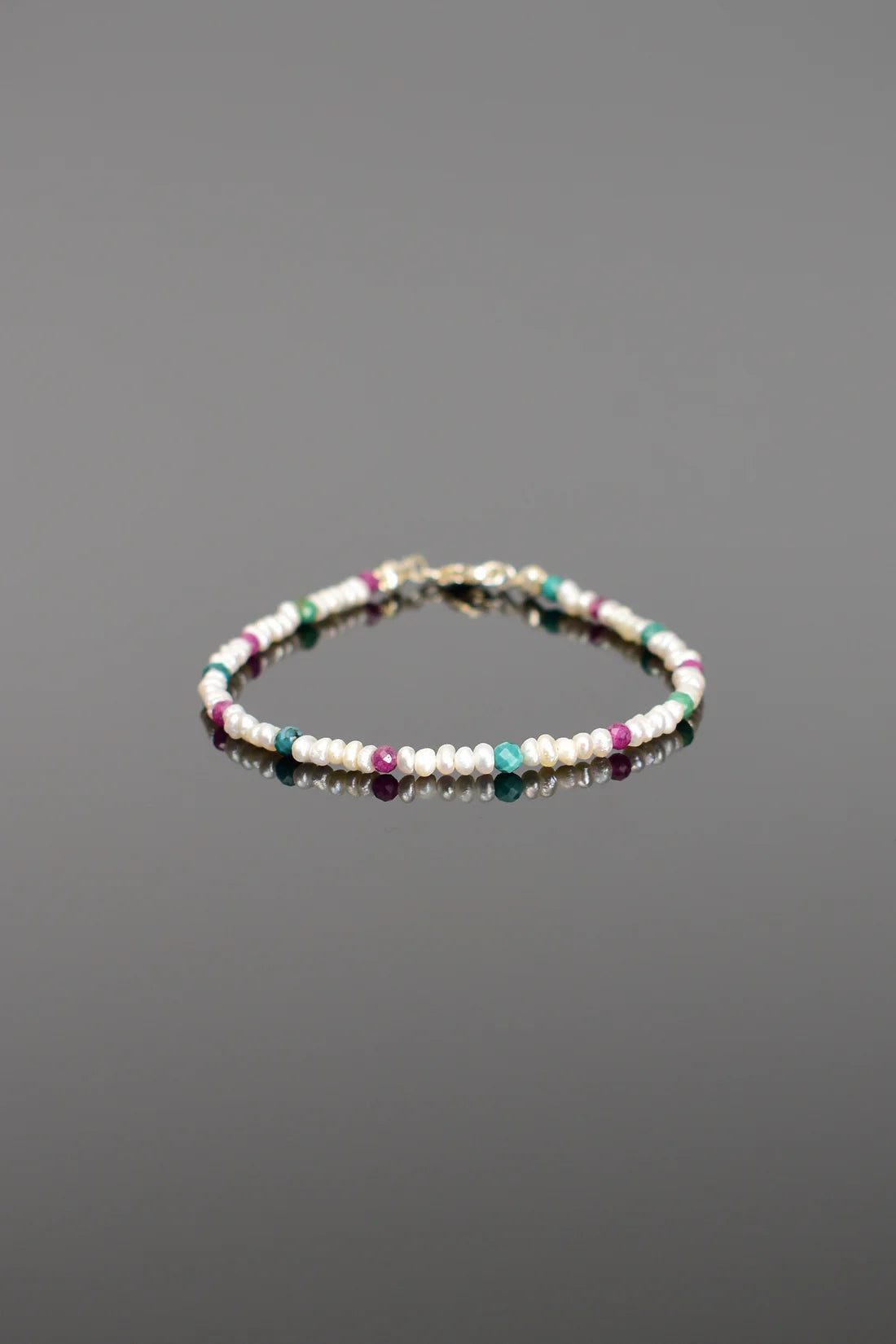 Pearl - Ruby - Turquoise Natural Stone Silver Clasp Bracelet