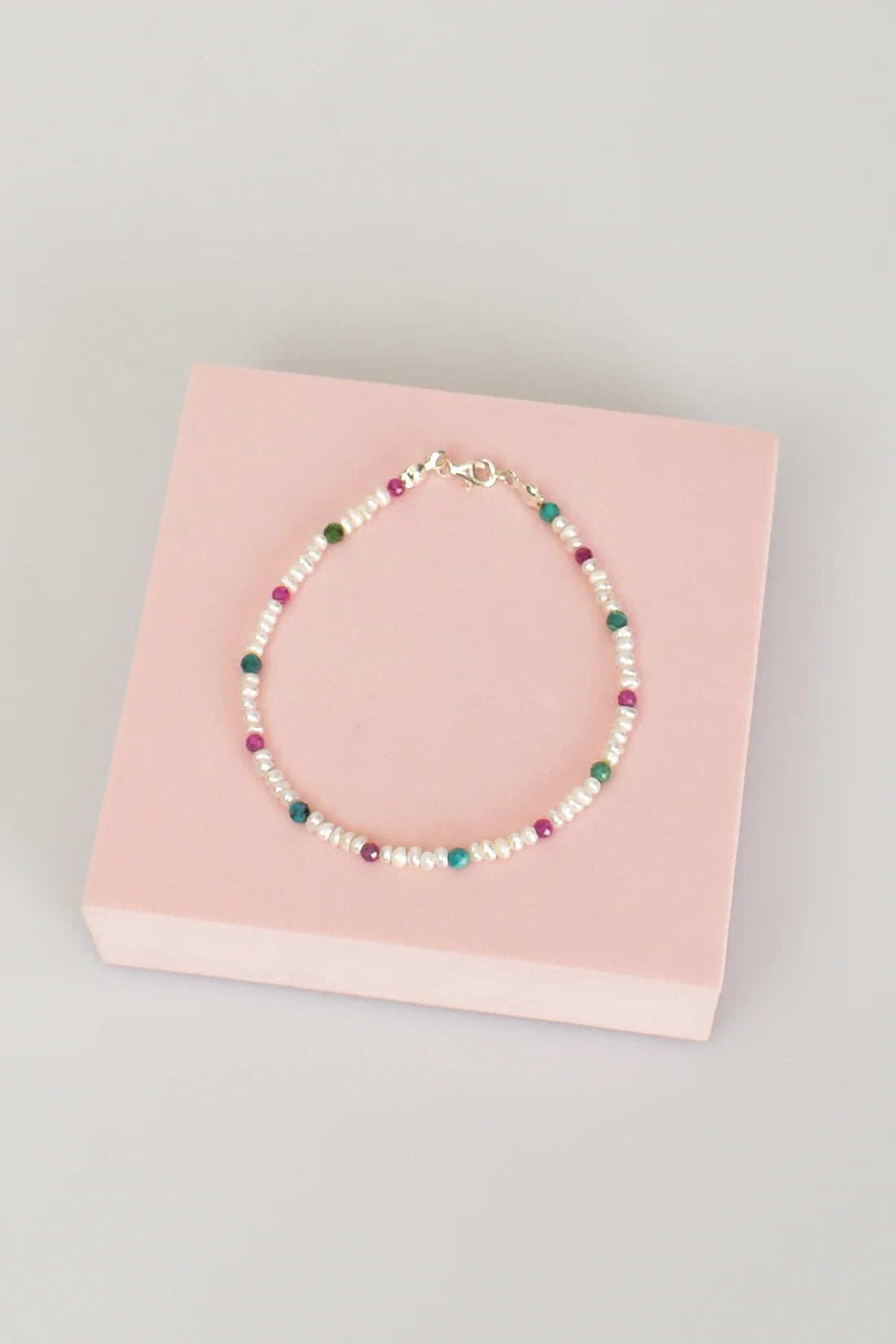 Pearl - Ruby - Turquoise Natural Stone Silver Clasp Bracelet