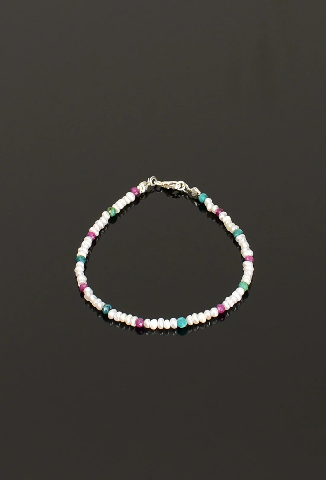 Pearl - Ruby - Turquoise Natural Stone Silver Clasp Bracelet