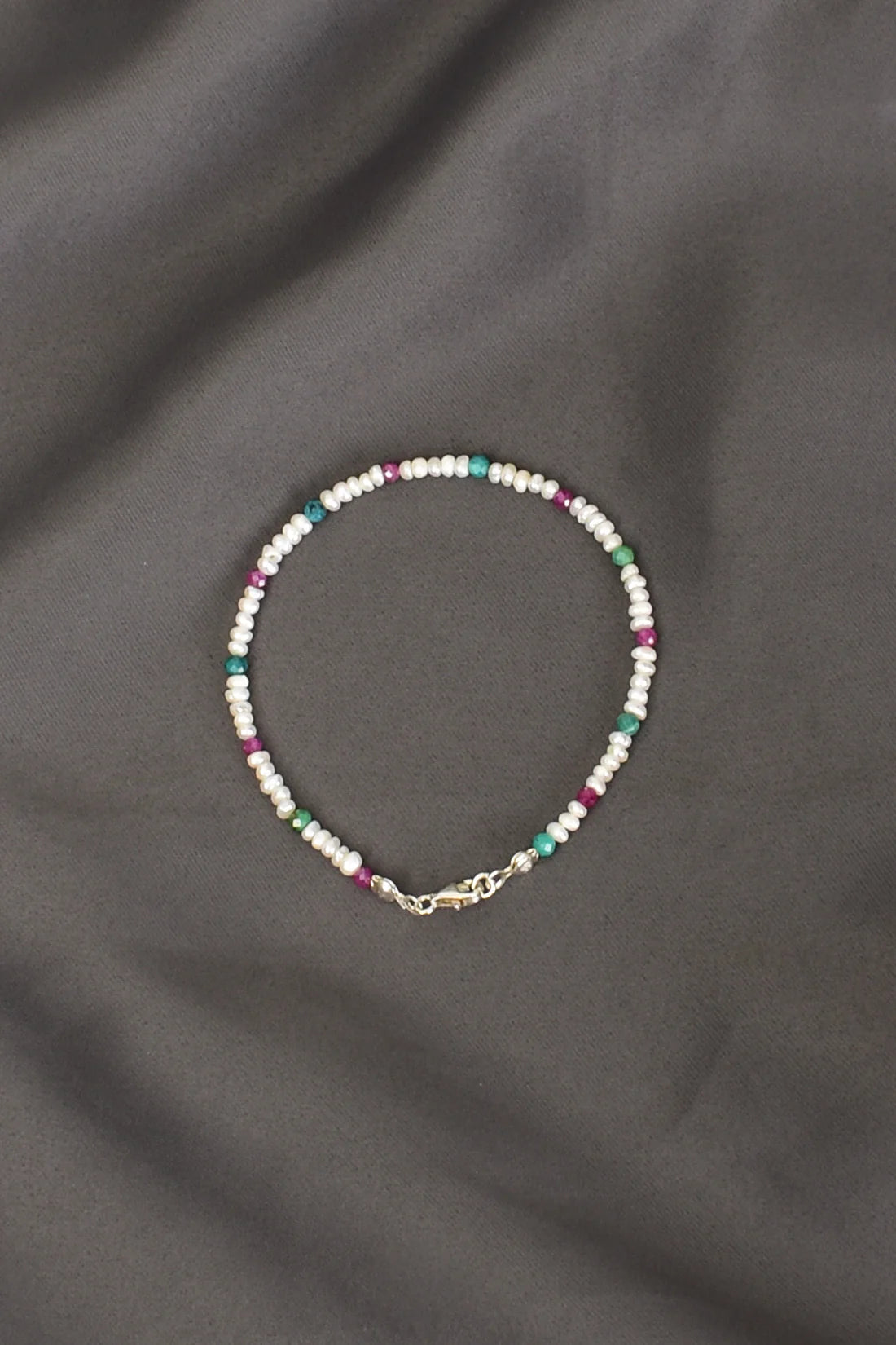 Pearl - Ruby - Turquoise Natural Stone Silver Clasp Bracelet