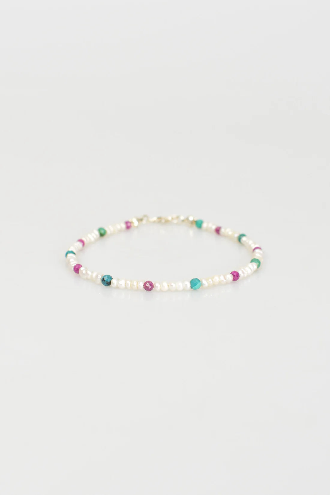 Pearl - Ruby - Turquoise Natural Stone Silver Clasp Bracelet
