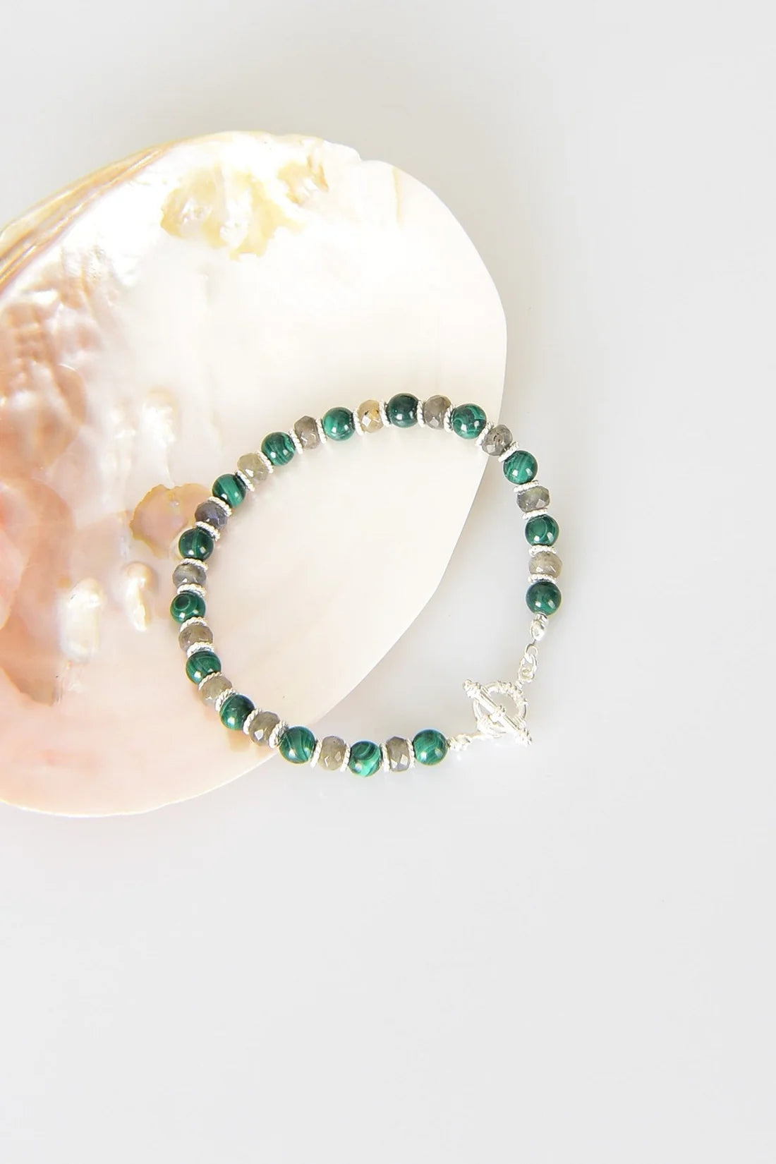 Malachite - Labradorite Natural Stone 925 Sterling Silver Closing Bracelet