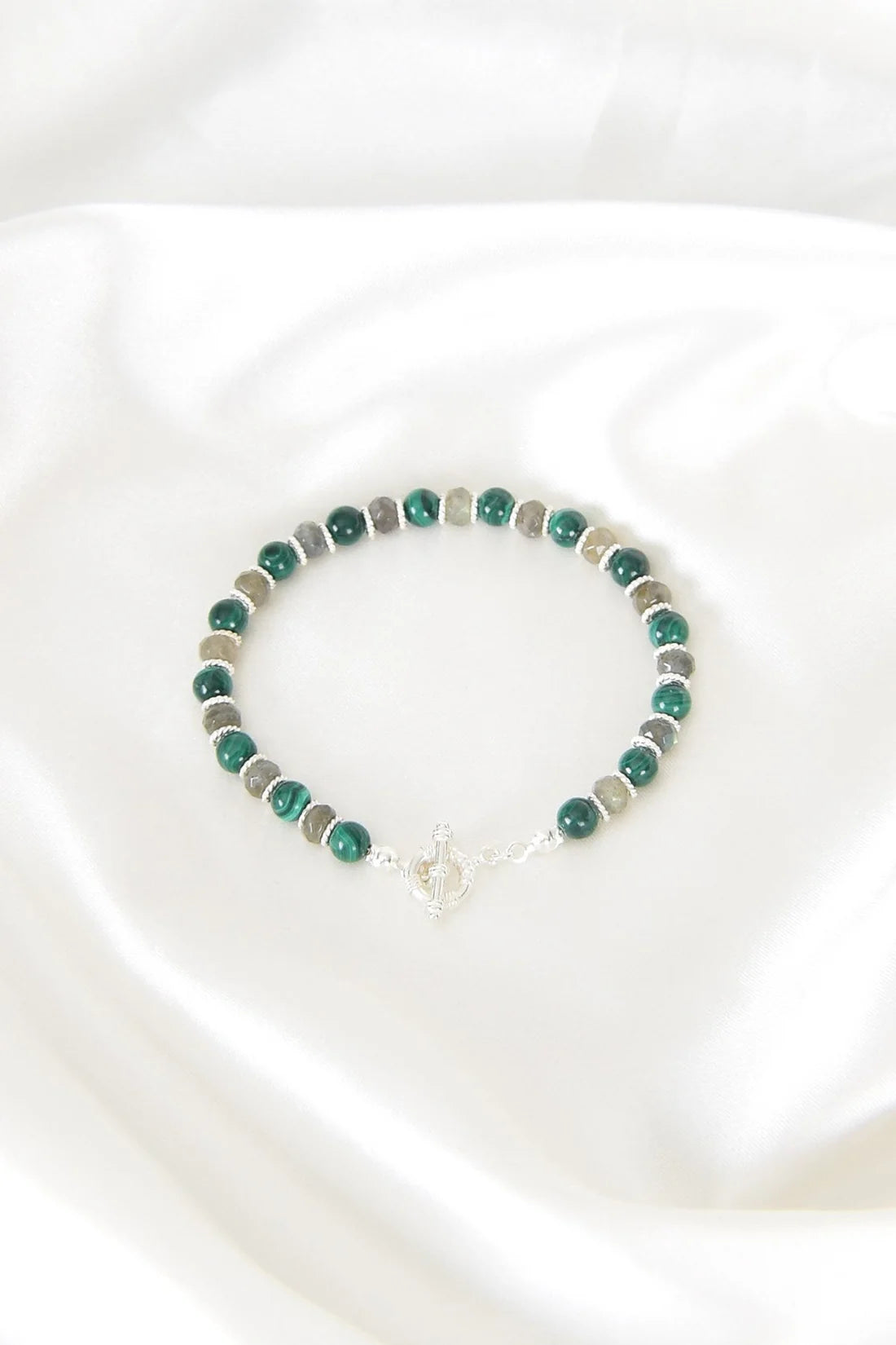 Malachite - Labradorite Natural Stone 925 Sterling Silver Closing Bracelet