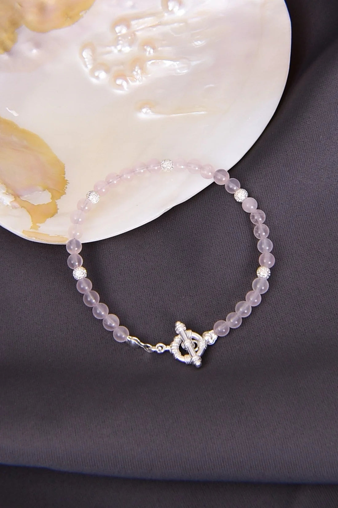 Pink Quartz Natural Stone 925 Sterling Silver Closing Bracelet