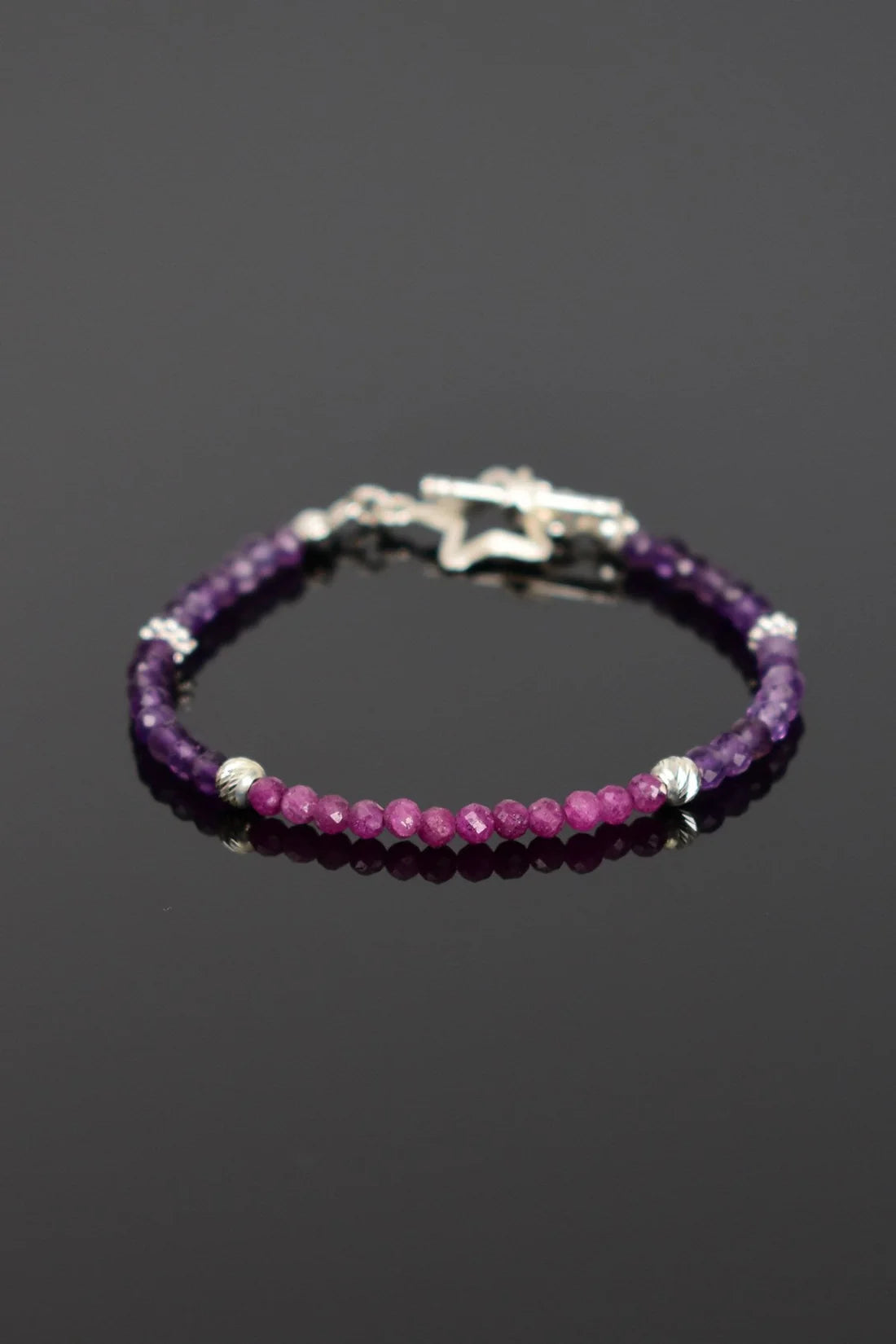 Ruby - Amethyst Natural Stone 925 Sterling Silver Closing Bracelet