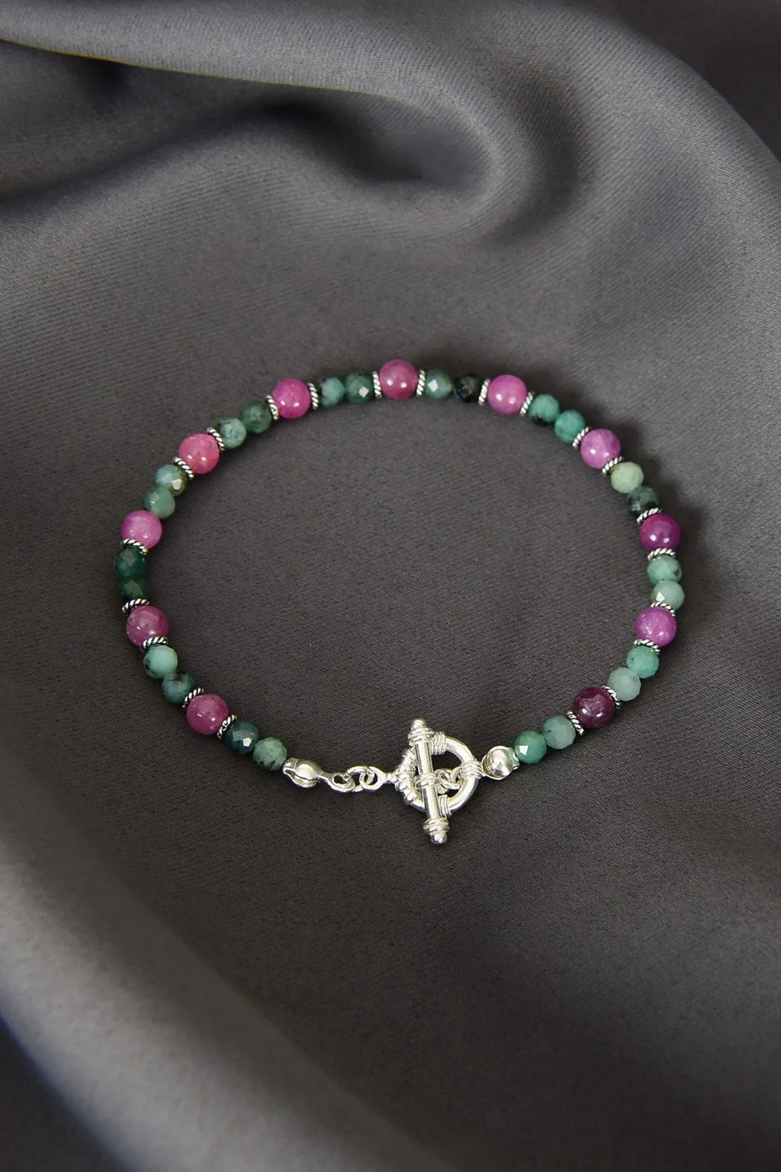 Ruby - Emerald Natural Stone 925 Sterling Silver Closing Bracelet